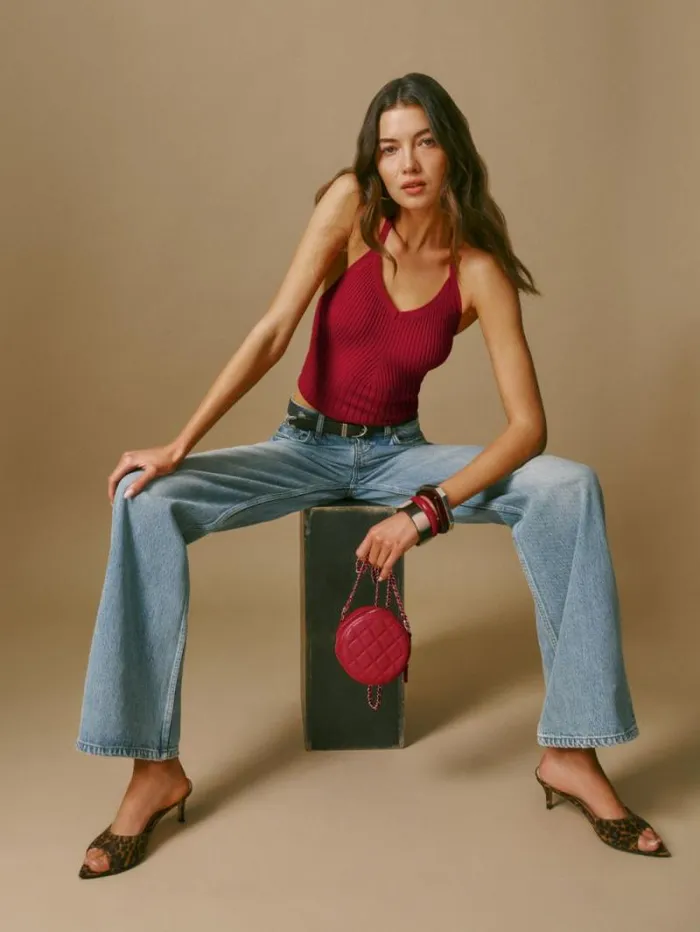 The Reformation Delia Ribbed Halter Top Lipstick 8211 Clothing