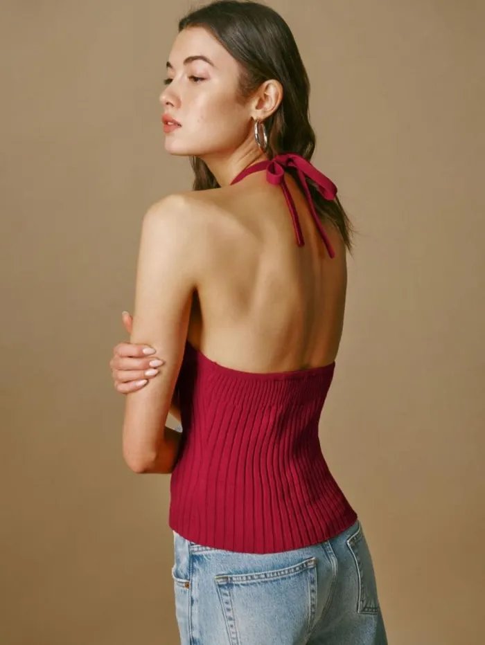 The Reformation Delia Ribbed Halter Top Lipstick 8211 Clothing