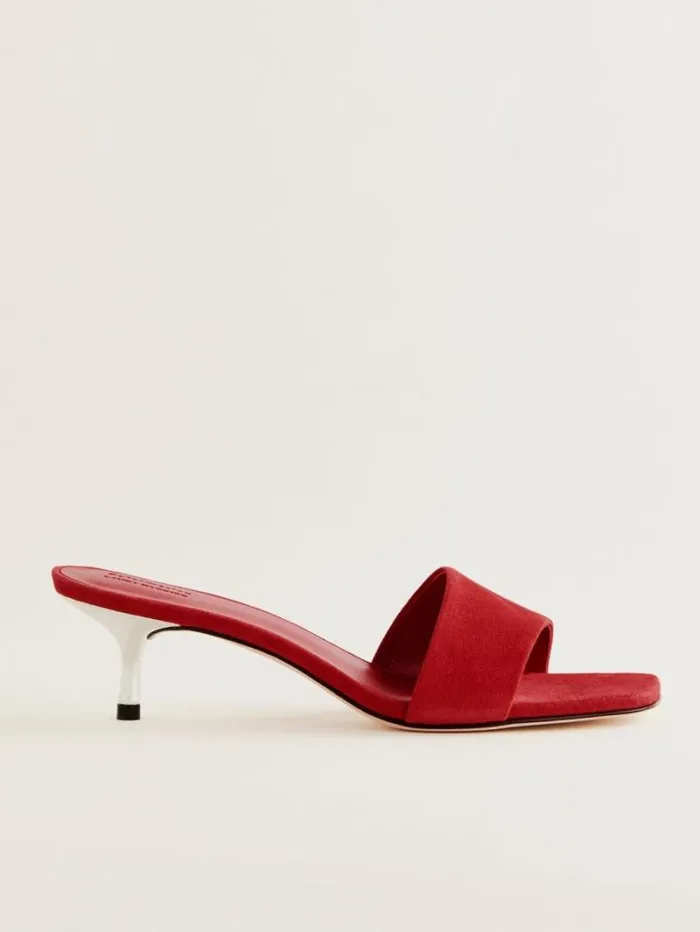 The Reformation Hartzell Heeled Sandal Lipstick Suede 8211 WeddingsShoes