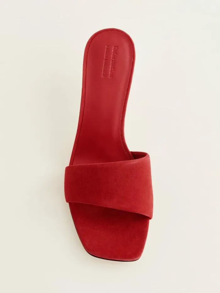 The Reformation Hartzell Heeled Sandal Lipstick Suede 8211 WeddingsShoes