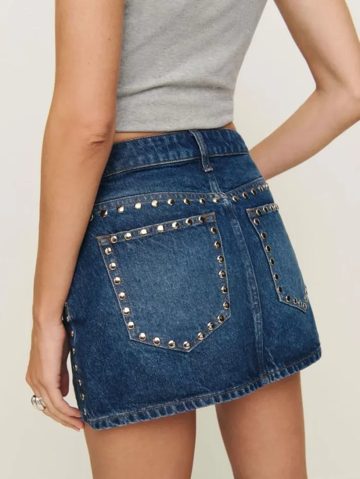 The Reformation Hazel Low Rise Denim Mini Skirt Lanier Studded 8211 Clothing