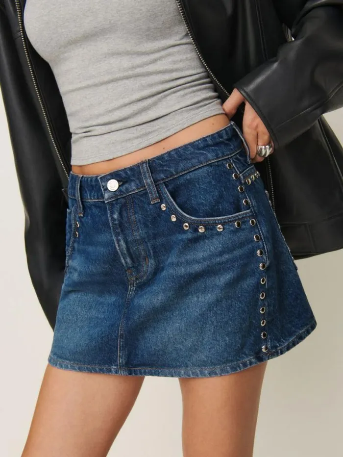 The Reformation Hazel Low Rise Denim Mini Skirt Lanier Studded 8211 Clothing