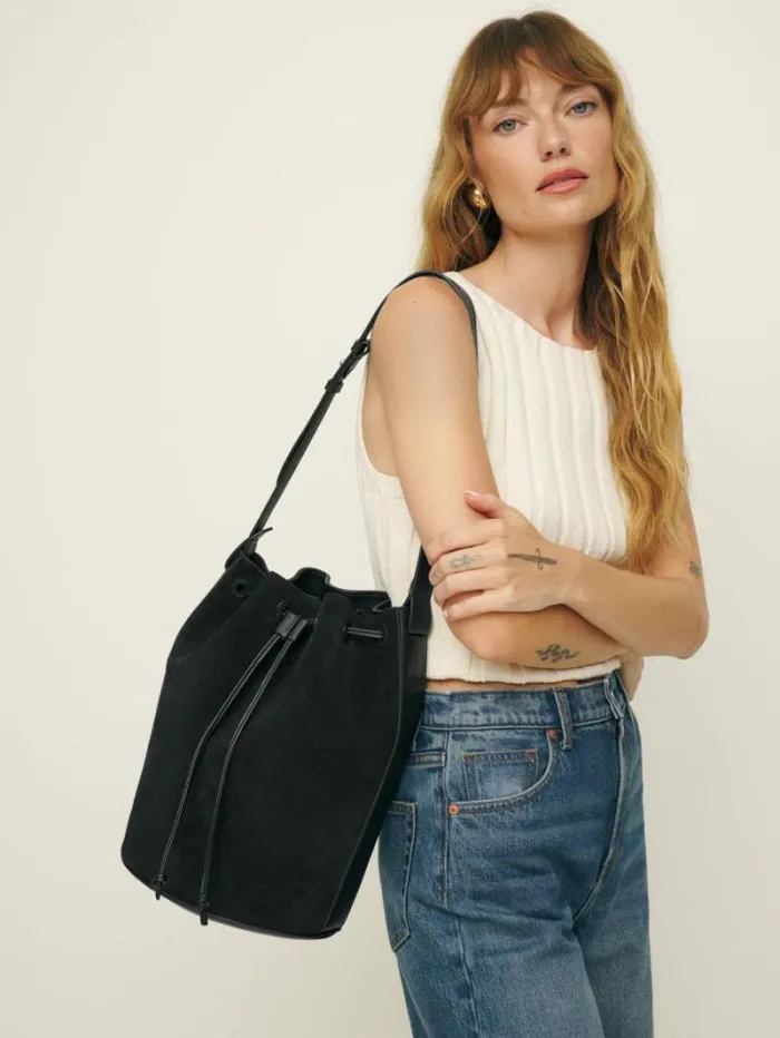 The Reformation Medium Ornellia Bucket Bag Black Suede 8211 Bags