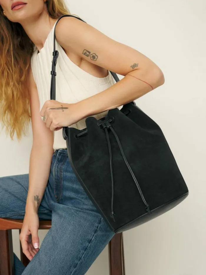 The Reformation Medium Ornellia Bucket Bag Black Suede 8211 Bags