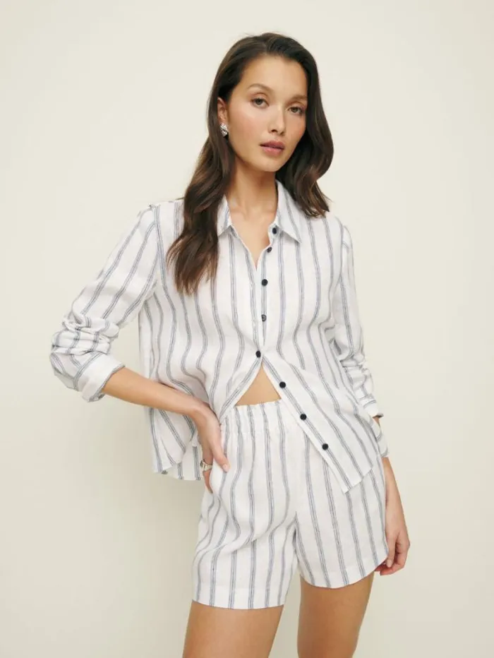 The Reformation Mila Linen Short Harbor Stripe 8211 Clothing