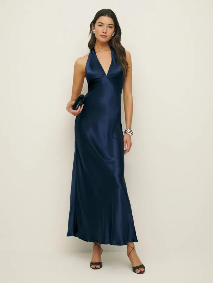 The Reformation Petites Daniela Silk Dress Navy 8211 ClothingWeddings