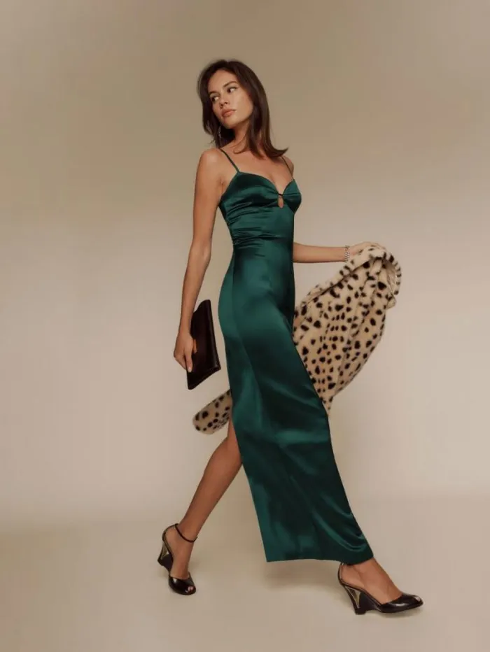 The Reformation Sathia Satin Dress Forest 8211 Weddings