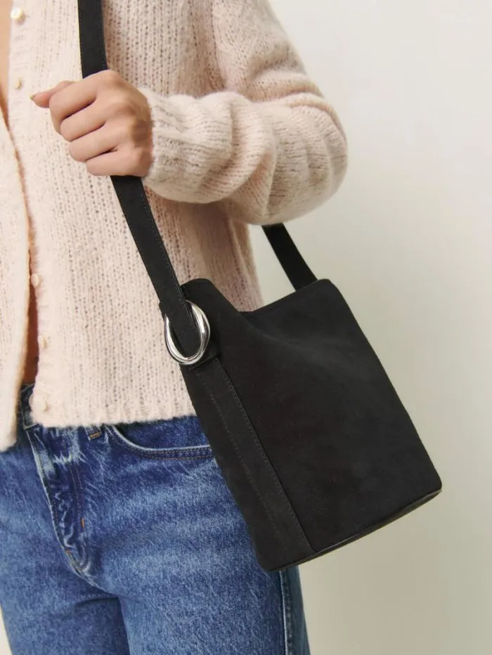 The Reformation Seleena Small Bucket Bag Black Suede 8211 Bags