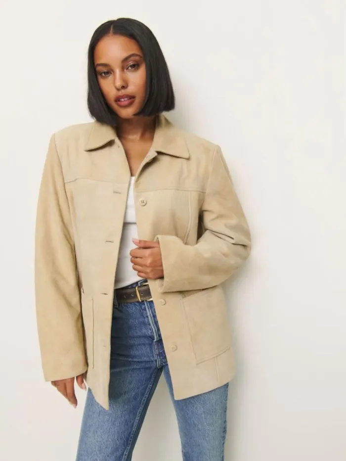 The Reformation Veda Lincoln Suede Shirt Jacket Oat Distressed 8211 Clothing