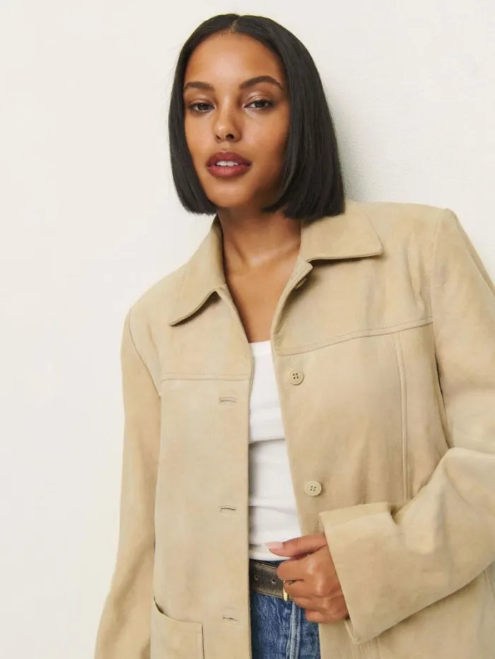 The Reformation Veda Lincoln Suede Shirt Jacket Oat Distressed 8211 Clothing