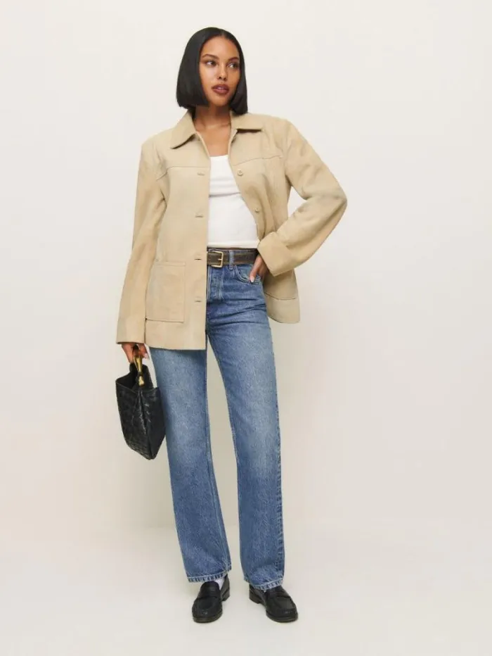 The Reformation Veda Lincoln Suede Shirt Jacket Oat Distressed 8211 Clothing