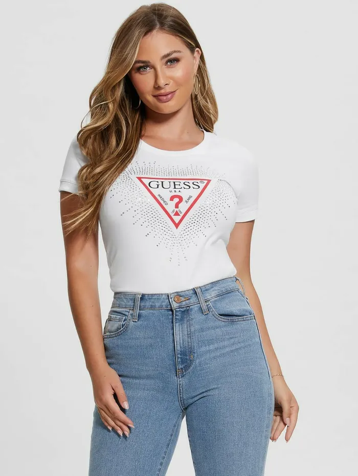 Tops Eco Signature Rhinestone Tee Pure White 8211 GUESS Women Tops Eco Signature Rhinestone Tee Pure White 8211 GUESS Women