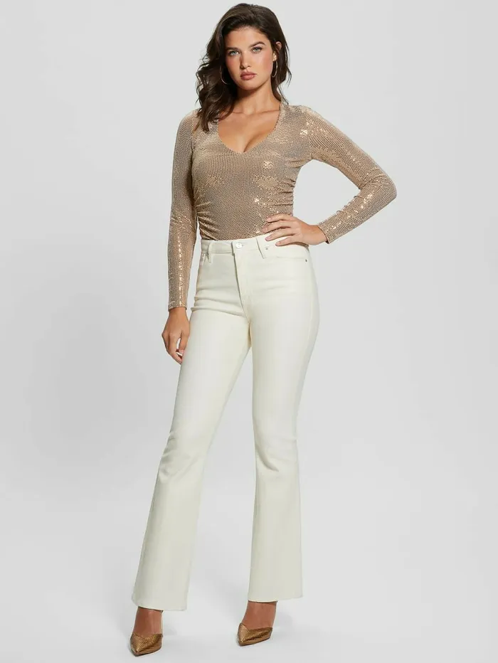 Tops GUESS Women Camille VNeck Bodysuit Gold Multi Tops GUESS Women Camille VNeck Bodysuit Gold Multi