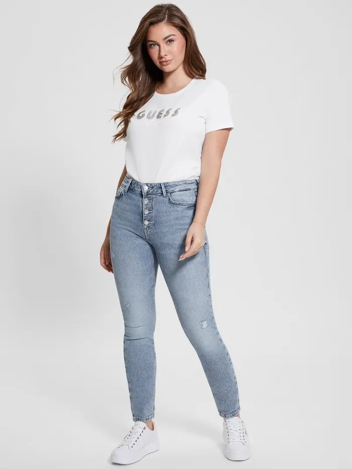 Tops GUESS Women Eco Crewneck Rhinestone Logo Tee Pure White Tops GUESS Women Eco Crewneck Rhinestone Logo Tee Pure White