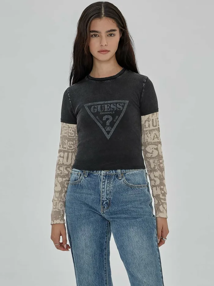 Tops GUESS Women GUESS Originals Vintage Triangle Baby Tee Jet Black Multi Tops GUESS Women GUESS Originals Vintage Triangle Baby Tee Jet Black Multi