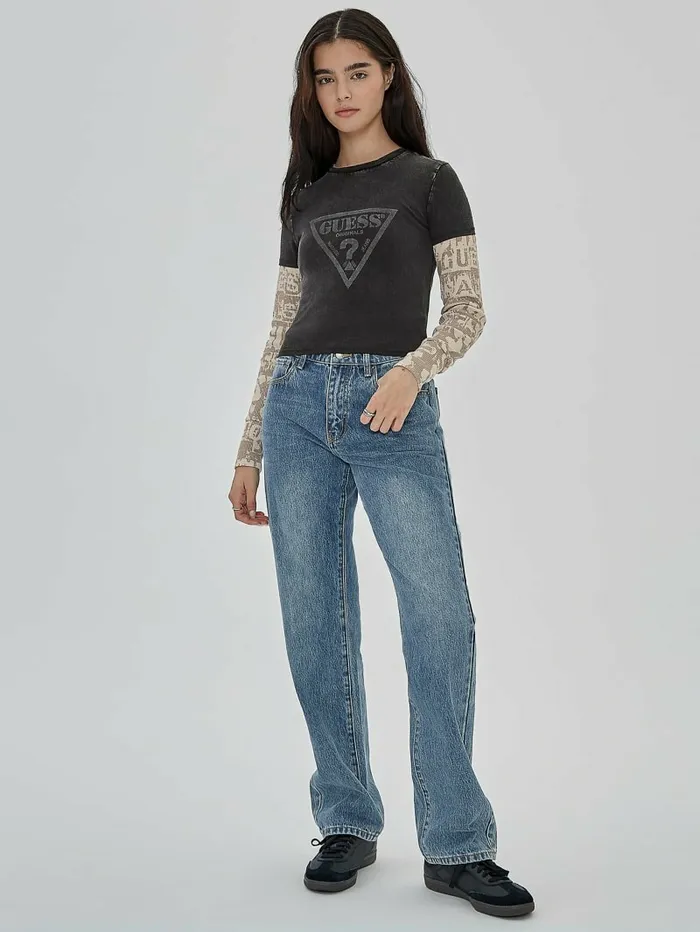 Tops GUESS Women GUESS Originals Vintage Triangle Baby Tee Jet Black Multi Tops GUESS Women GUESS Originals Vintage Triangle Baby Tee Jet Black Multi