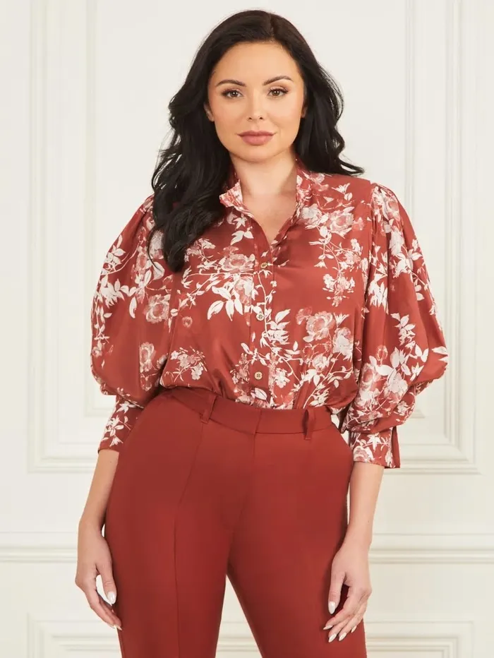 Tops GUESS Women Petal Pose Yvonne Blouse Petal Pose Dark Jam Red