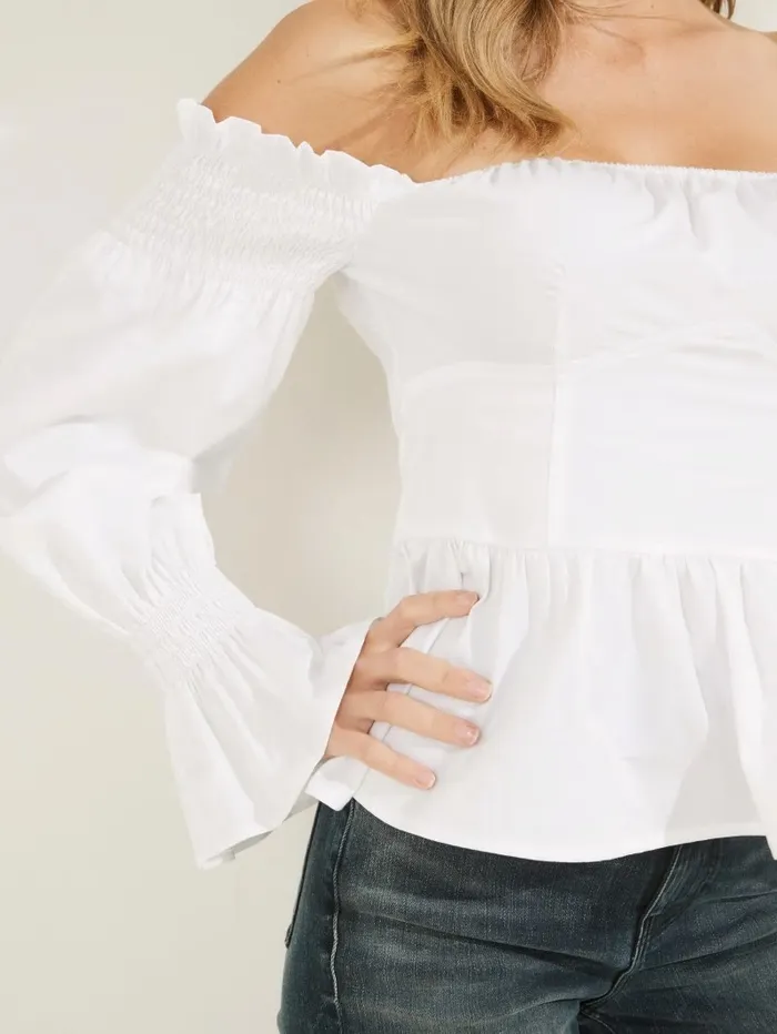 Tops Mattie OfftheShoulder Top Pure White 8211 GUESS Women Tops Mattie OfftheShoulder Top Pure White 8211 GUESS Women
