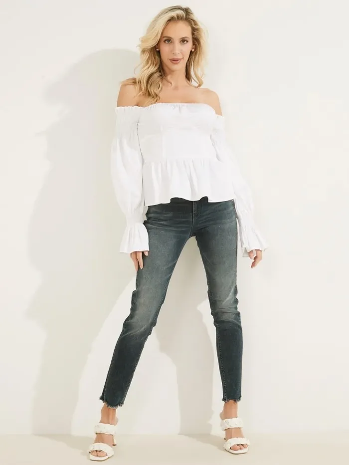 Tops Mattie OfftheShoulder Top Pure White 8211 GUESS Women Tops Mattie OfftheShoulder Top Pure White 8211 GUESS Women