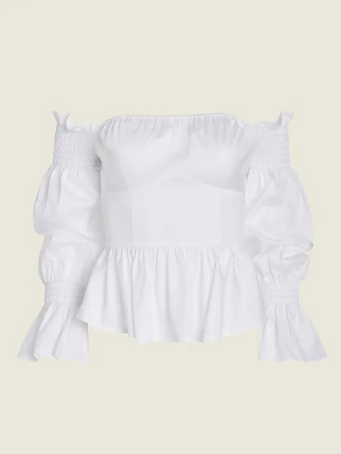 Tops Mattie OfftheShoulder Top Pure White 8211 GUESS Women Tops Mattie OfftheShoulder Top Pure White 8211 GUESS Women