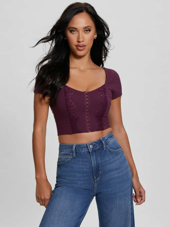 Tops Women GUESS Eco Jamie RibKnit Corset Top Black Cherry