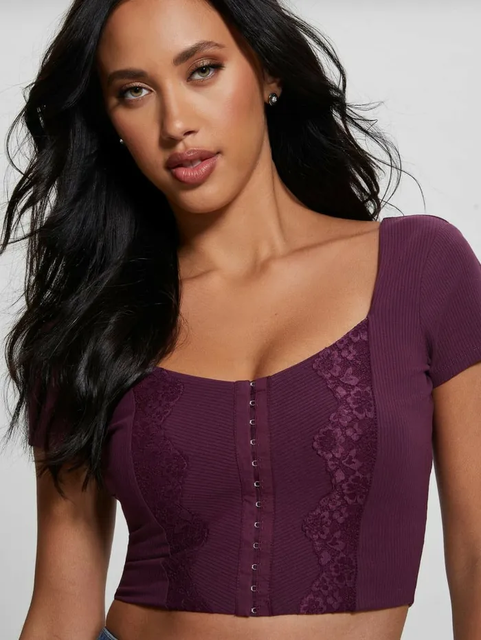 Tops Women GUESS Eco Jamie RibKnit Corset Top Black Cherry