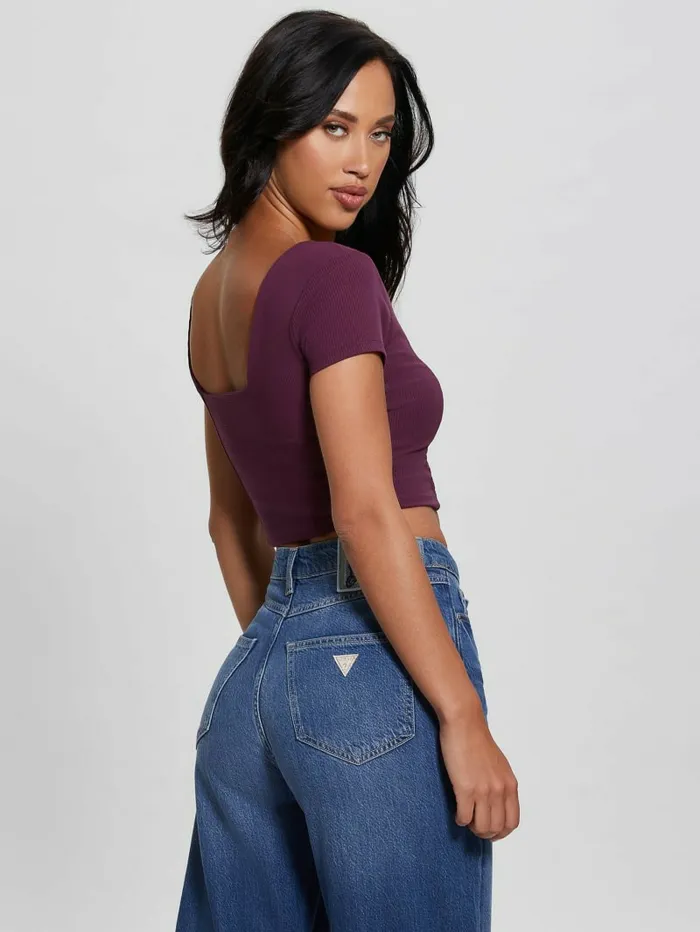 Tops Women GUESS Eco Jamie RibKnit Corset Top Black Cherry