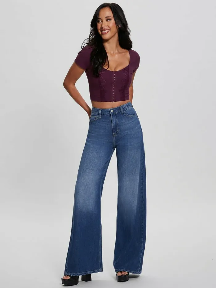 Tops Women GUESS Eco Jamie RibKnit Corset Top Black Cherry
