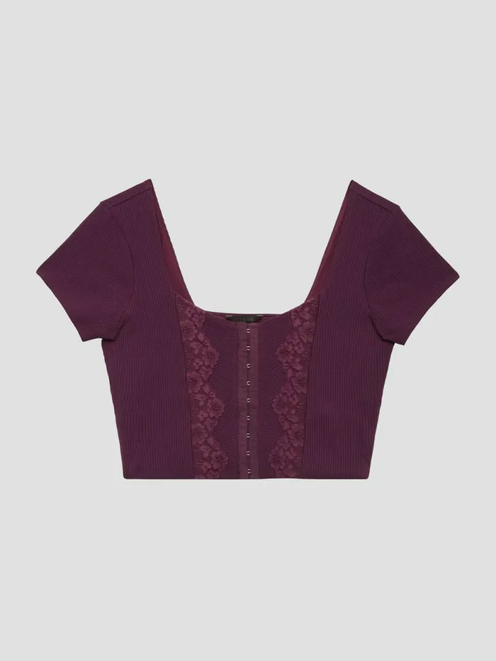 Tops Women GUESS Eco Jamie RibKnit Corset Top Black Cherry