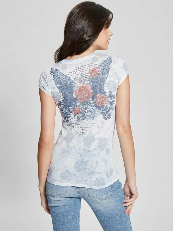 Tops Women GUESS Heart Wings Tee Pure White Multi Tops Women GUESS Heart Wings Tee Pure White Multi
