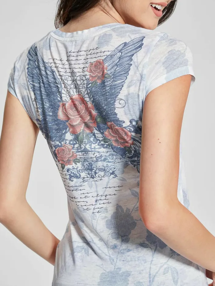 Tops Women GUESS Heart Wings Tee Pure White Multi Tops Women GUESS Heart Wings Tee Pure White Multi