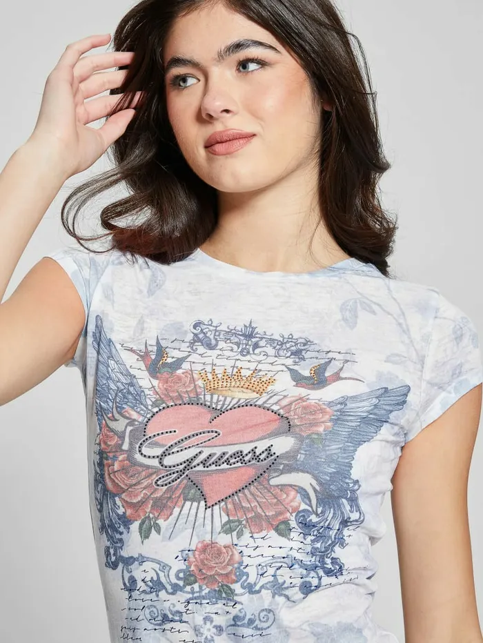 Tops Women GUESS Heart Wings Tee Pure White Multi Tops Women GUESS Heart Wings Tee Pure White Multi
