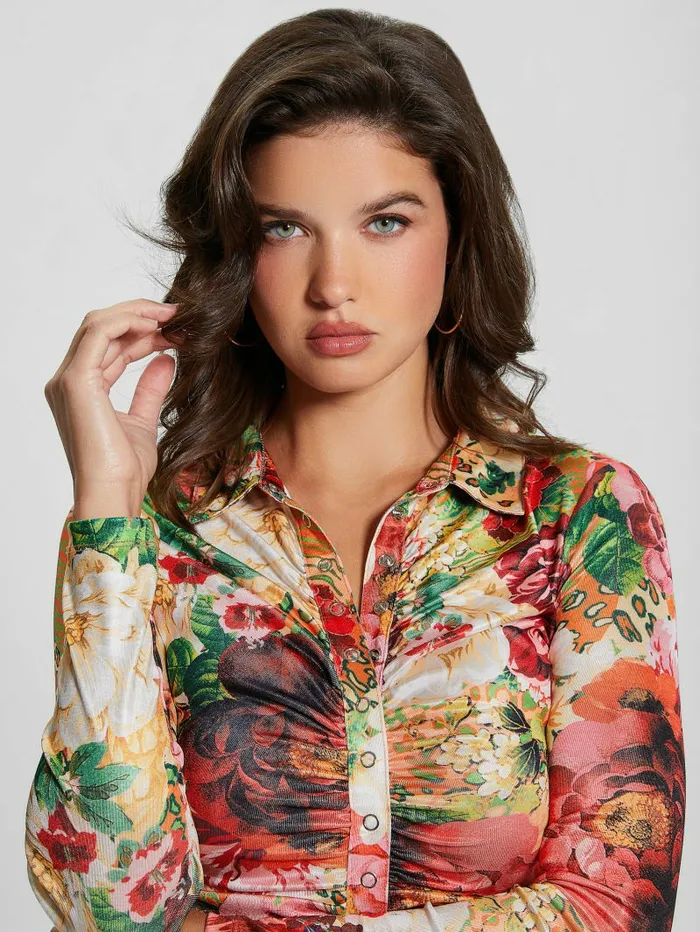 Tops Women Milana Shirred Printed Blouse Peony Animal Print GUESS