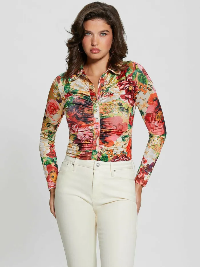 Tops Women Milana Shirred Printed Blouse Peony Animal Print GUESS Tops Women Milana Shirred Printed Blouse Peony Animal Print GUESS