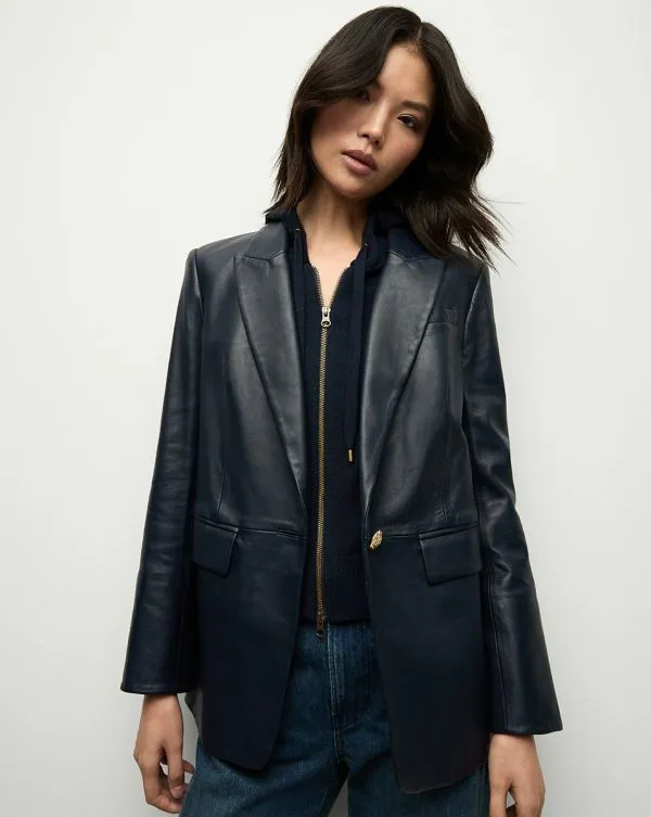 Vega Leather Dickey Jacket Navy Women Veronica Beard Jackets and Outerwear