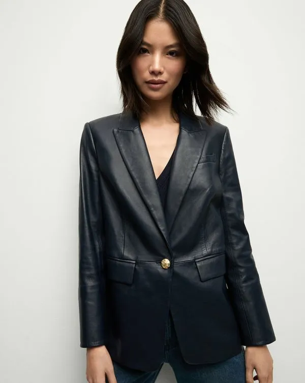 Vega Leather Dickey Jacket Navy Women Veronica Beard Jackets and Outerwear