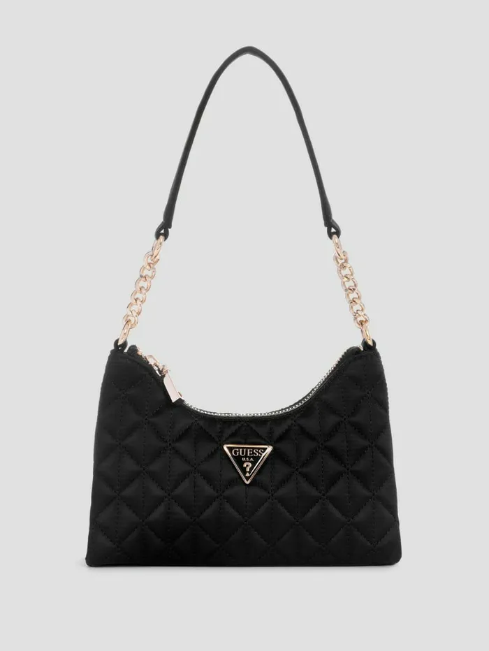 Velina Quilted Satin Mini Shoulder Bag Black Handbags GUESS Women