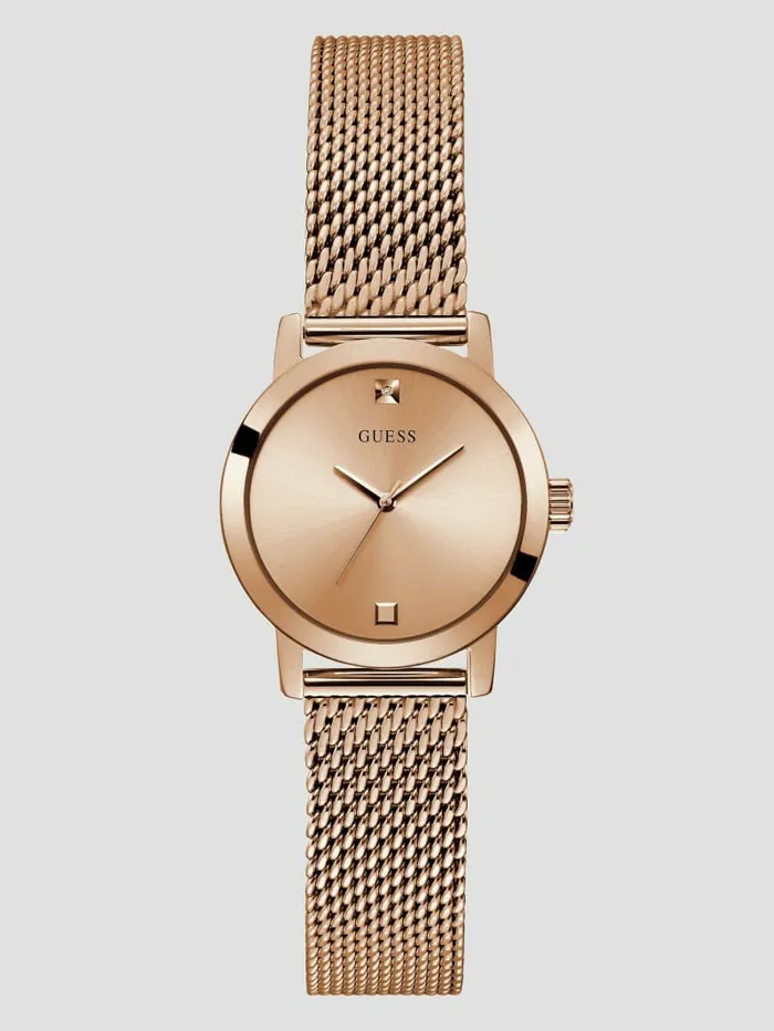 Watches GUESS Women Rose GoldTone Mesh Diamond Analog Watch Silver