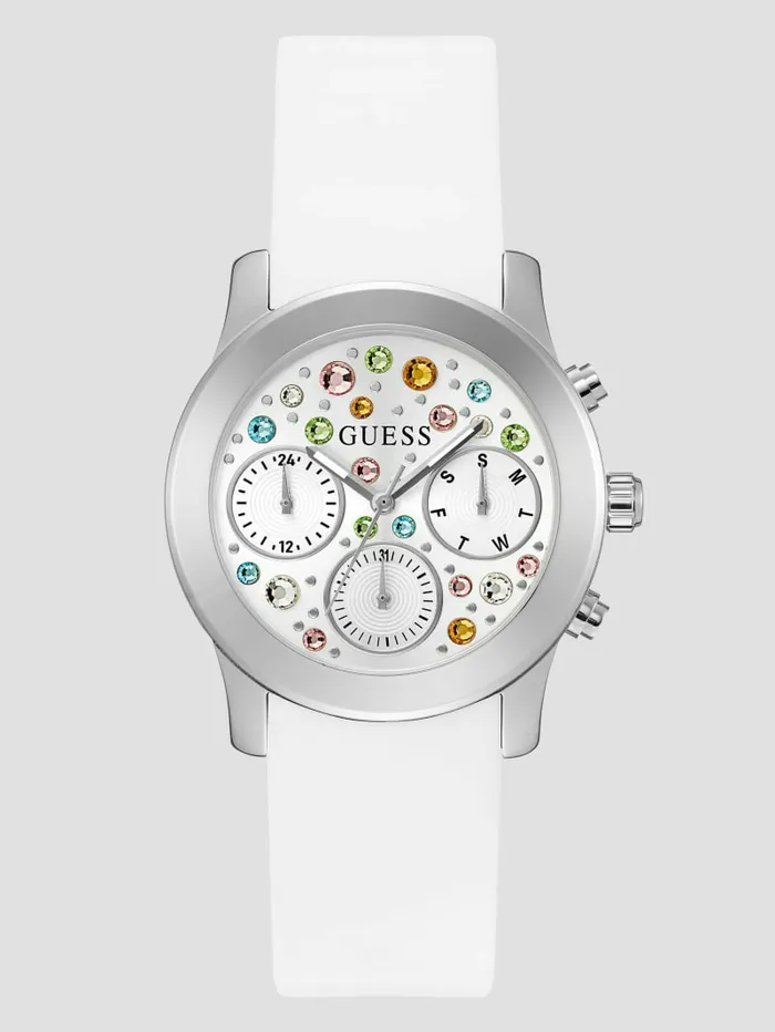 Watches GUESS Women SilverTone and White Colored Crystal Multifunction Watch White Multi Watches GUESS Women SilverTone and White Colored Crystal Multifunction Watch White Multi