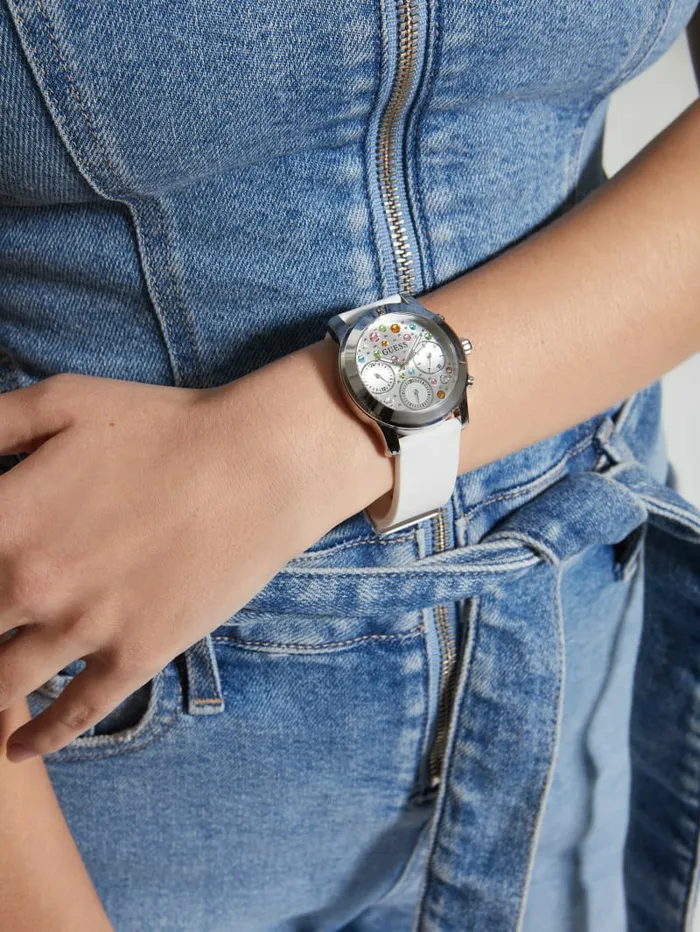 Watches GUESS Women SilverTone and White Colored Crystal Multifunction Watch White Multi Watches GUESS Women SilverTone and White Colored Crystal Multifunction Watch White Multi