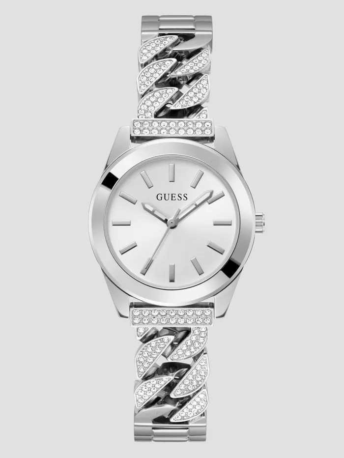 Watches GUESS Women SilverTone Crystal Curb Chain Analog Watch Silver