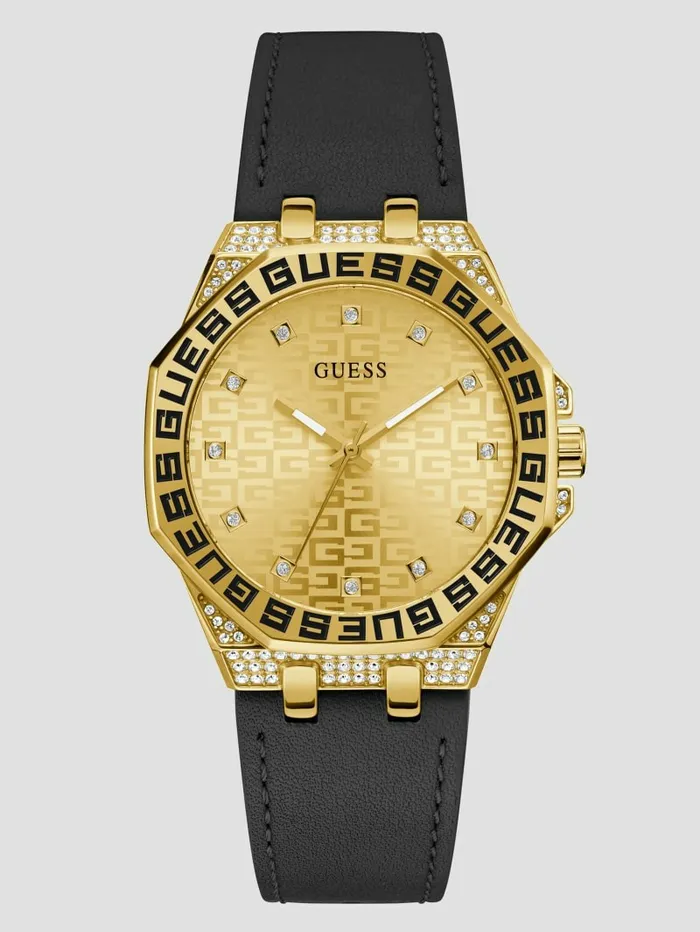 Watches Women Insignia Black Leather Analog Watch Yellow GoldBlack GUESS