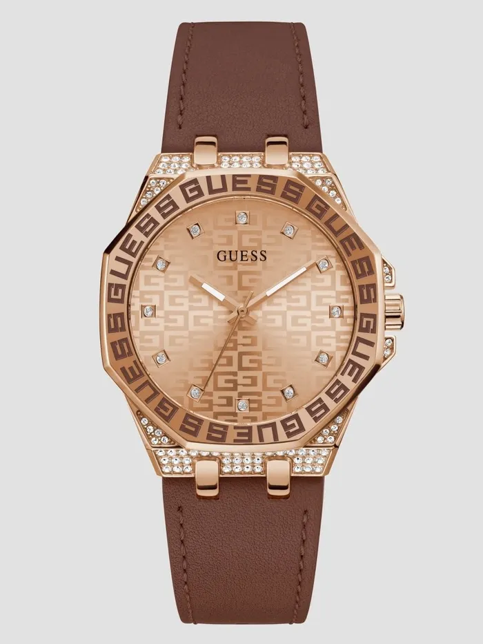 Watches Women Insignia Brown Leather Analog Watch Rose Gold GUESS
