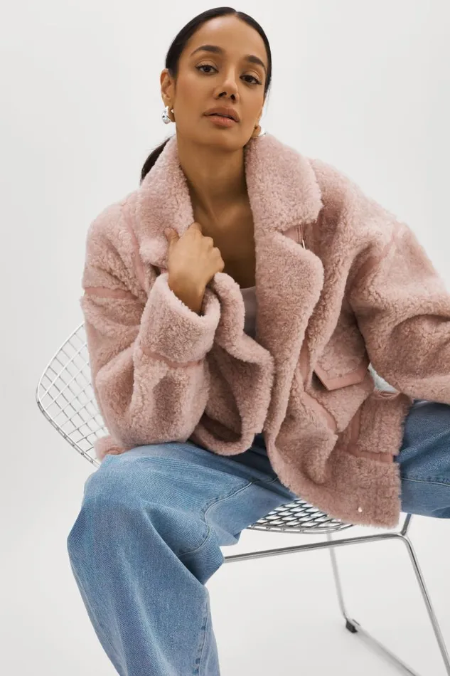 Women BADU Oversized Faux Shearling Jacket Light Pink LAMARQUE Sherpa