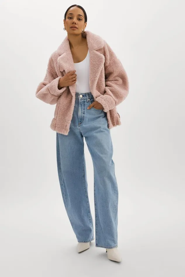 Women BADU Oversized Faux Shearling Jacket Light Pink LAMARQUE Sherpa