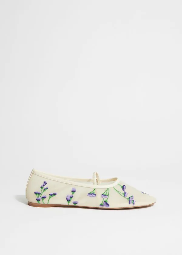 Women Ballerinas and Other Stories FloralEmbroidered Ballet Flats Dusty White
