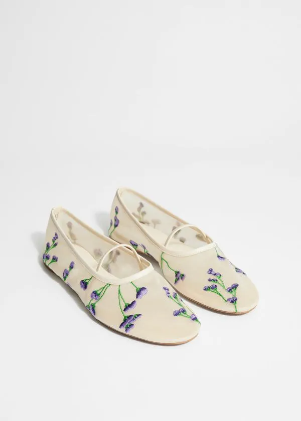 Women Ballerinas and Other Stories FloralEmbroidered Ballet Flats Dusty White