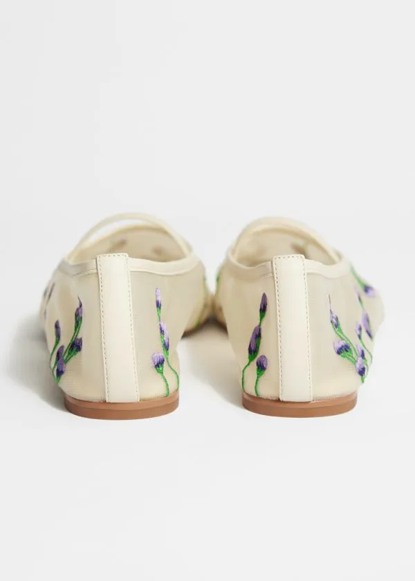 Women Ballerinas and Other Stories FloralEmbroidered Ballet Flats Dusty White