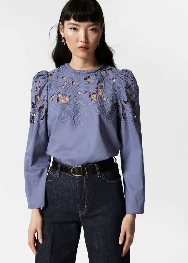 Women Blouses and Shirts and Other Stories Embroidered PuffSleeve Blouse Purple