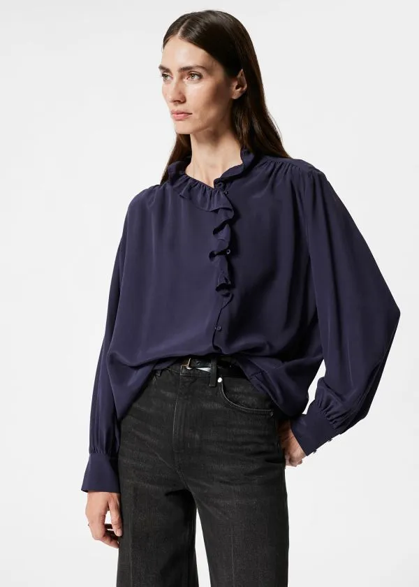 Women Blouses and Shirts and Other Stories Ruffled Silk Blouse Navy